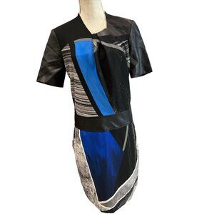 Helmut Lang Colorblock Leather & Print Short Sleeve Dress With Back Zip Closure